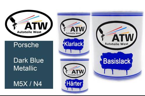 Porsche, Dark Blue Metallic, M5X / N4: 1L Lackdose + 1L Klarlack + 500ml Härter - Set, von ATW Autoteile West.